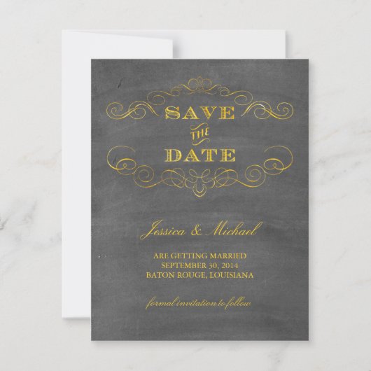 Gold Foil Chalkboard Save the Date (Voorkant)