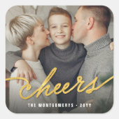 Gold Foil Cheers Calligraphy Script Photo Holiday Vierkante Sticker (Voorkant)
