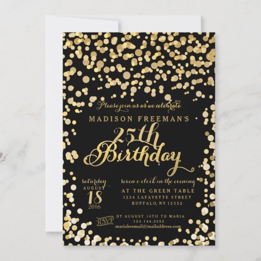 Gold Foil Confetti Black Birthday Party Kaart (Voorkant)