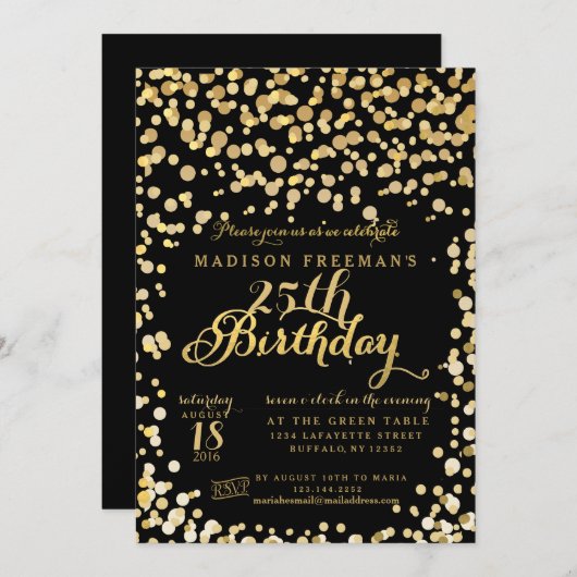 Gold Foil Confetti Black Birthday Party Kaart (Voorkant / Achterkant)