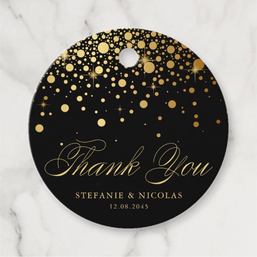 Gold Foil Confetti Black Wedding Bedankt Bedankjes Labels (Voorkant)