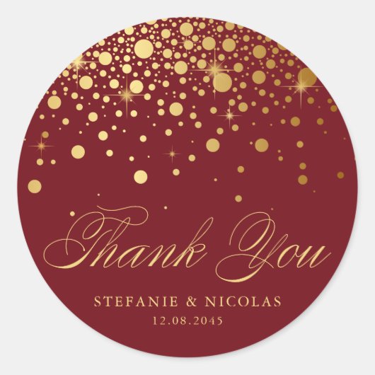 Gold Foil Confetti Bourgogne bruiloft Dank u Ronde Sticker (Voorkant)