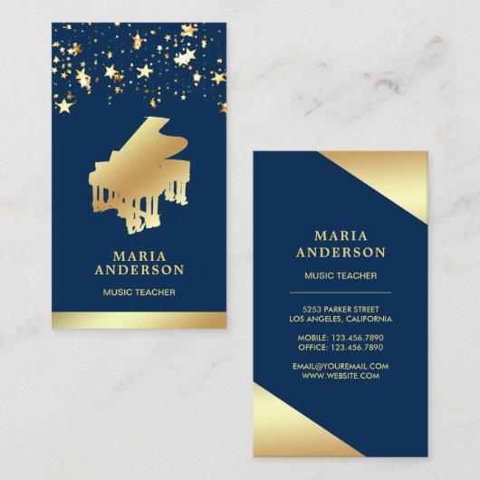 Gold Foil Confetti Grand Piano Musician Pianist Visitekaartje (Voorkant / Achterkant)