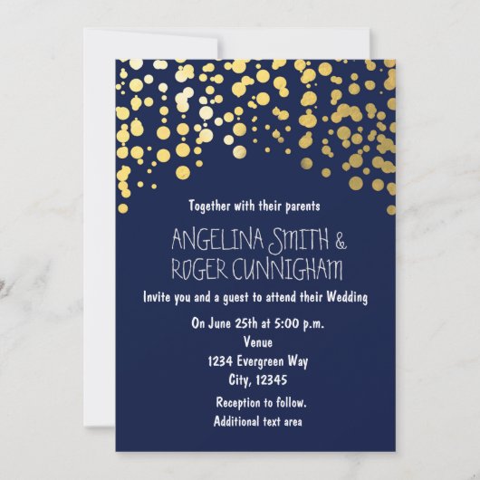Gold Foil Confetti Navy Blue Wedding Invitation Kaart (Voorkant)