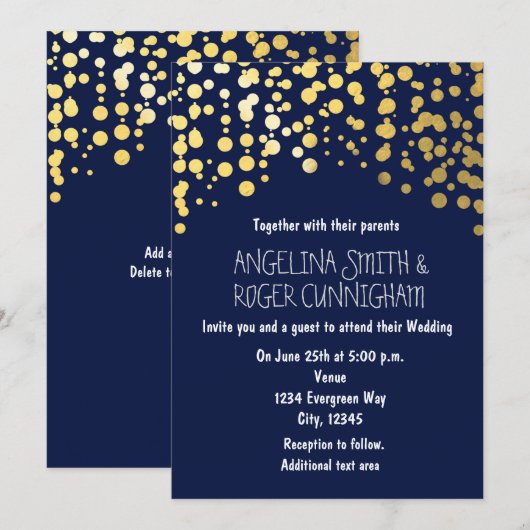 Gold Foil Confetti Navy Blue Wedding Invitation Kaart (Voorkant / Achterkant)