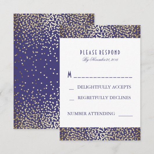 Gold Foil Confetti Navy Wedding RSVP Kaarten Kaartje (Voorkant / Achterkant)