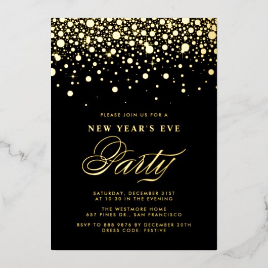 Gold Foil Confetti Stippen Black Nieuwjaarsfeest Folie Uitnodiging (Voorkant)