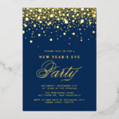 Gold Foil Confetti Stippen Blue New Year Folie Uitnodiging (Voorkant)