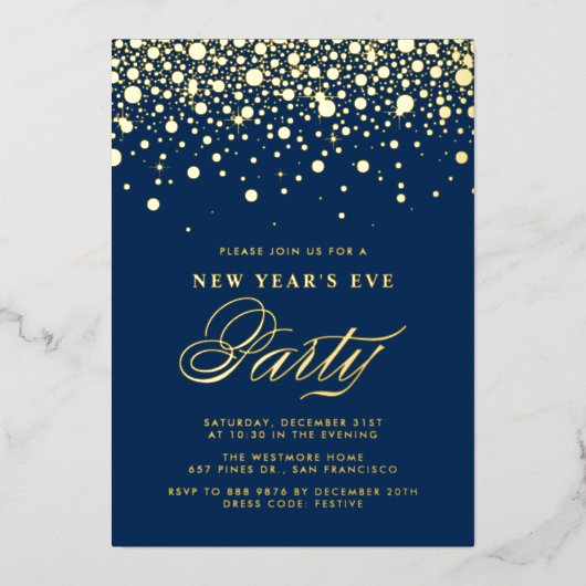 Gold Foil Confetti Stippen Blue New Year Folie Uitnodiging (Voorkant)