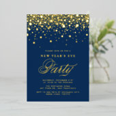 Gold Foil Confetti Stippen Blue New Year Folie Uitnodiging (Staand Voorkant)