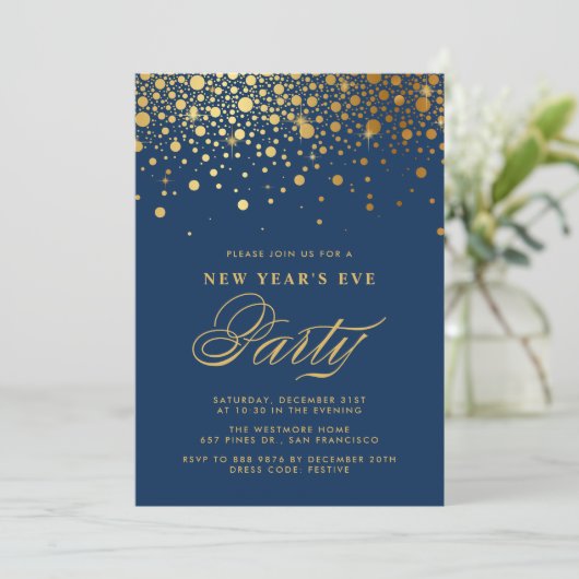 Gold Foil Confetti Stippen Blue New Year Kaart (Staand voorkant)