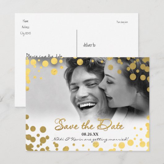 Gold Foil Confetti Stippen Foto Opslaan Datum Brie Aankondigingskaart (Voorkant / Achterkant)