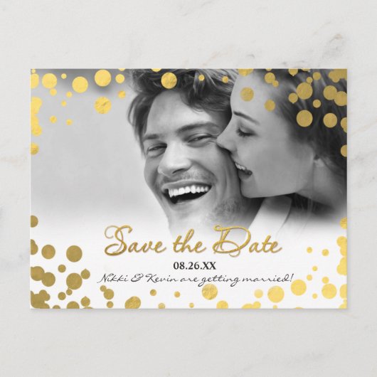 Gold Foil Confetti Stippen Foto Opslaan Datum Brie Aankondigingskaart (Voorkant)