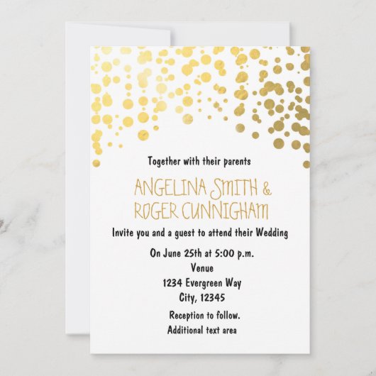 Gold Foil Confetti Stippen Witte bruiloft uitnodig Kaart (Voorkant)