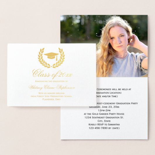 Gold Foil Crest Photo Afstuderen Invitation Folie Kaarten (Display)