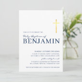 GOLD FOIL CROSS modern baptisme met minimale blauw Kaart (Staand voorkant)