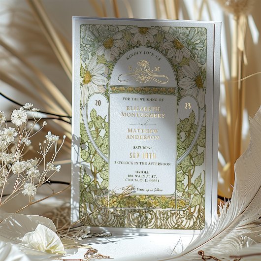 Gold Foil Daisies Wedding Invitding Art Nouveau Folie Uitnodiging