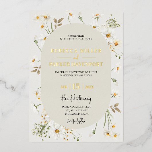 Gold foil daisy wilde bloemen bruiloft folie feestdagenkaart (Voorkant)