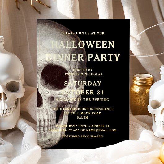 Gold Foil Dead Skull Halloween Dinner Party Folie Uitnodiging