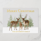 Gold Foil Deer Family Snow Pine Merry kerst Folie Feestdagenkaart (Voorkant)