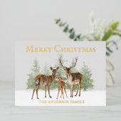 Gold Foil Deer Family Snow Pine Merry kerst Folie Feestdagenkaart (Staand Voorkant)
