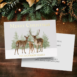 Gold Foil Deer Family Snow Pine Merry kerst Folie Feestdagenkaart