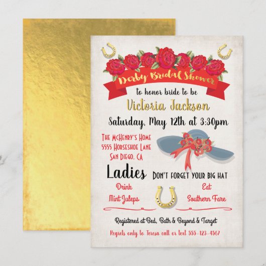 Gold Foil Derby Bridal Shower-uitvindingen Kaart (Voorkant / Achterkant)