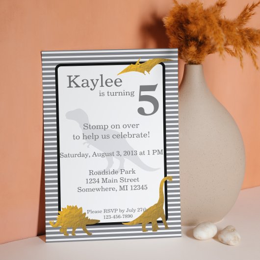 Gold Foil Dinosaur T-rex Birthday Invitation Kaart