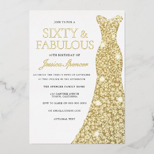 Gold Foil Dress Golden drukte 60e verjaardag Folie Uitnodiging (Voorkant)
