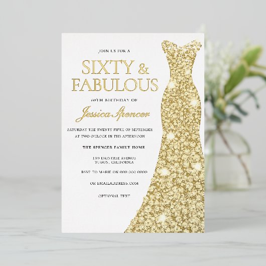 Gold Foil Dress Golden drukte 60e verjaardag Folie Uitnodiging (Staand Voorkant)