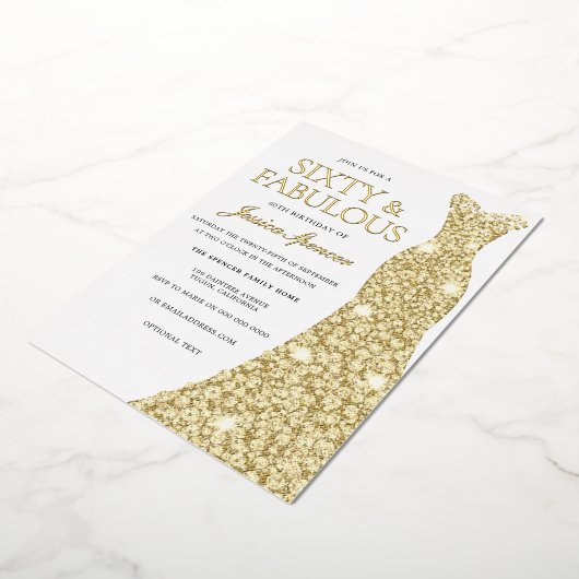 Gold Foil Dress Golden drukte 60e verjaardag Folie Uitnodiging (Gedraaid)