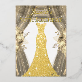Gold Foil Dress Golden Floral 50th Birthday Party Folie Uitnodiging