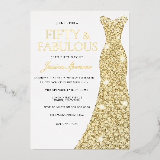 Gold Foil Dress Golden Ppress 50e verjaardag Folie Uitnodiging (Voorkant)