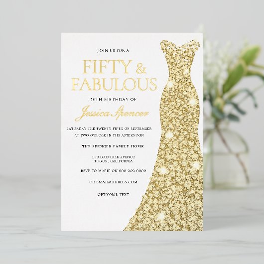 Gold Foil Dress Golden Ppress 50e verjaardag Folie Uitnodiging (Staand Voorkant)