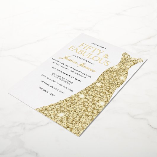 Gold Foil Dress Golden Ppress 50e verjaardag Folie Uitnodiging (Gedraaid)