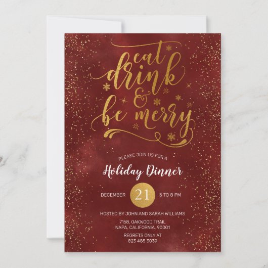 Gold Foil Eat Drink & BE Merry Red Kerstparty Kaart (Voorkant)