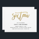 Gold Foil-effect 16e verjaardag uitnodiging<br><div class="desc">Deze 16e verjaardagsuitnodiging bevat een gouden folie 'zestien' tekst. Houd er rekening mee dat de gouden folie alleen een textuur is, geen echte folie. Voor een meer geavanceerde aanpassing van dit ontwerp, bijvoorbeeld het wijzigen van de lay-out, het lettertype of de tekstgrootte, klikt u hierboven op de knop "AANPASSEN". Neem...</div>