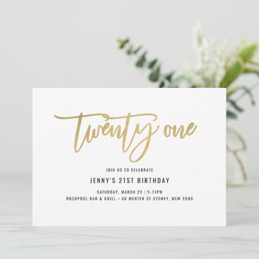 Gold Foil-effect 21st Birthday-uitnodiging Kaart (Staand voorkant)