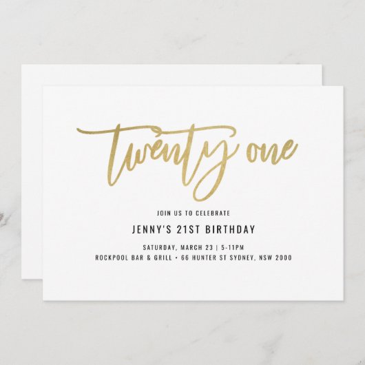 Gold Foil-effect 21st Birthday-uitnodiging Kaart (Voorkant / Achterkant)