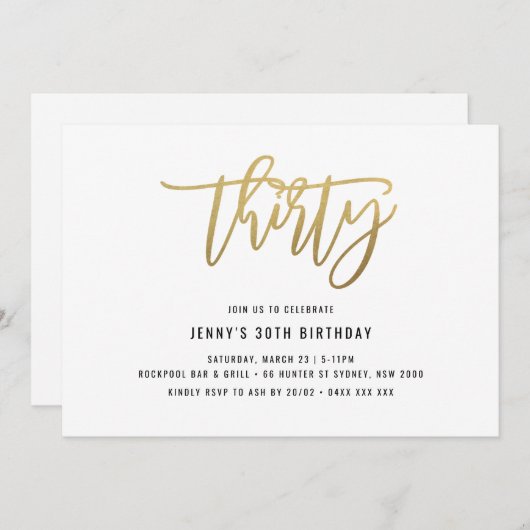 Gold Foil Effect 30th Birthday Invitation Kaart (Voorkant / Achterkant)