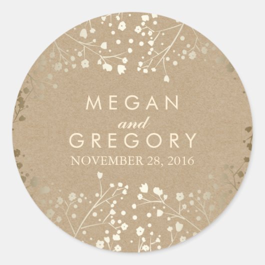 Gold Foil Effect Baby's Breath Kraft Wedding Ronde Sticker (Voorkant)