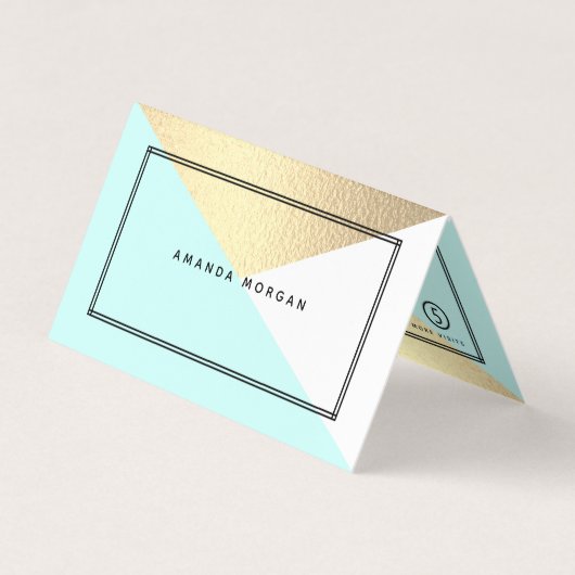 Gold Foil-effect en Aqua Geometric Double Loyalty Visitekaartje (Voorkant)