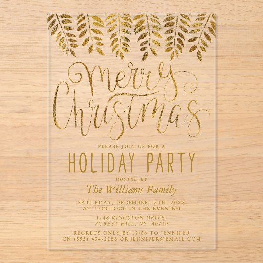 Gold Foil Effect Typografie Merry Kerstparty Acryl Uitnodigingen (Voorkant)