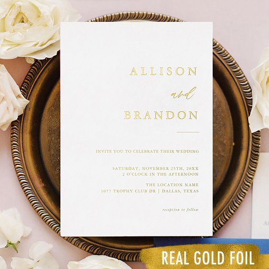 Gold Foil Elegant Calligraphy Simple Wedding Folie Uitnodiging