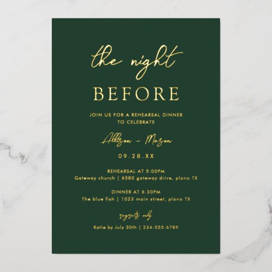 Gold Foil Emerald Green The Night before Dinner Folie Uitnodiging (Voorkant)