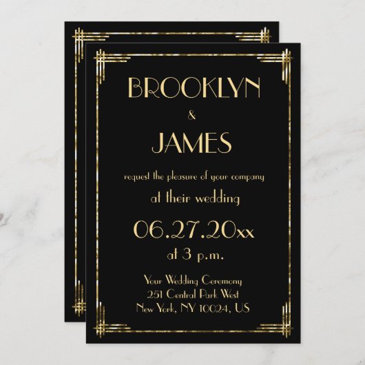 Gold Foil en Black Art Deco Wedding Invitations Kaart (Voorkant / Achterkant)