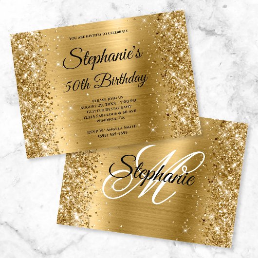 Gold Foil en Glitter Fancy Monogram Birthday Kaart
