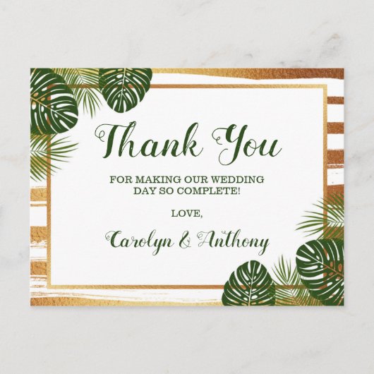 Gold Foil en Green Palm Leaf Beach Weddenschap Aankondigingskaart (Voorkant)