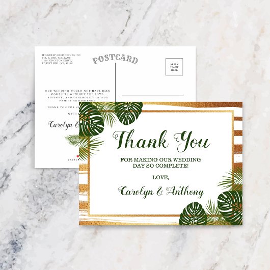 Gold Foil en Green Palm Leaf Beach Weddenschap Aankondigingskaart