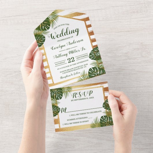 Gold Foil en Green Palm Leaf Beach Weddenschap All In One Uitnodiging (Afscheurbaar)